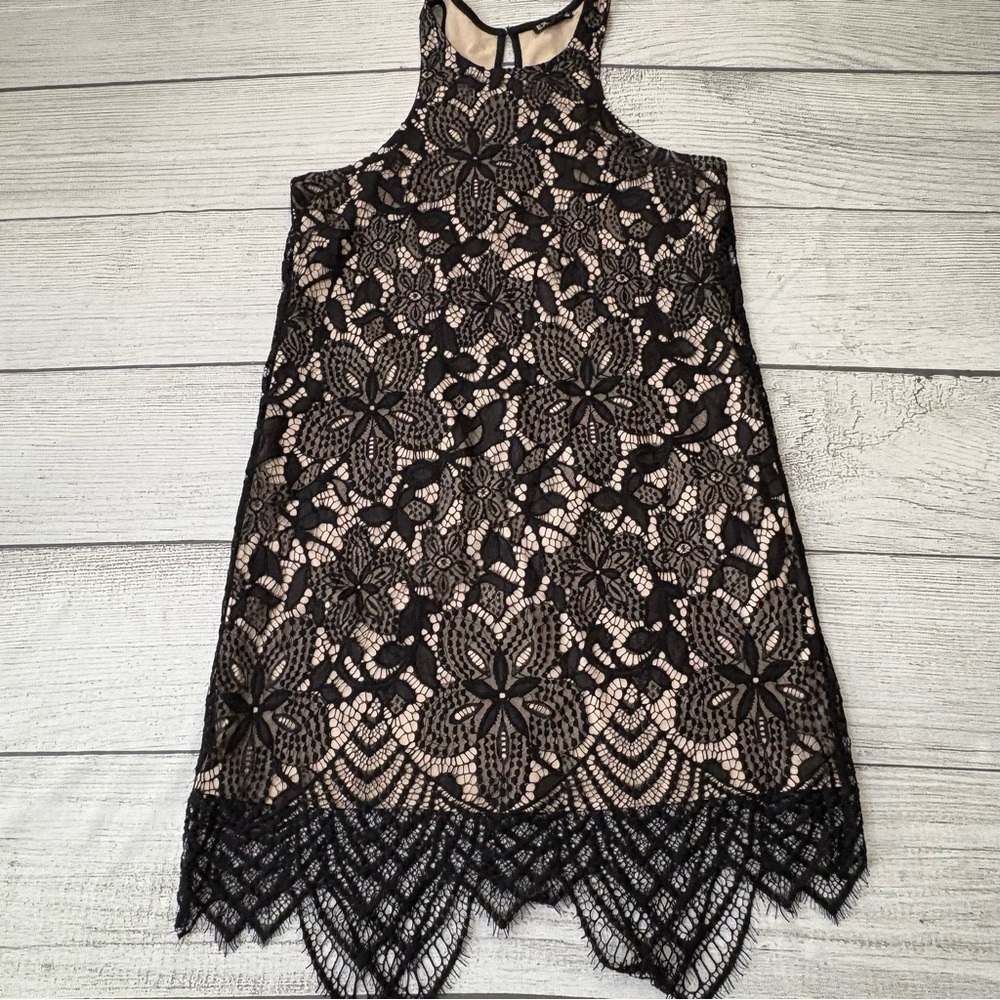Express Black Lace High Neck Dress Scalloped Hem Sleeveless Cocktail Party M